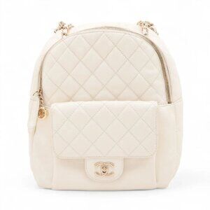 Chanel CC Logo Matelasse Caviar Skin Chain Backpack White
